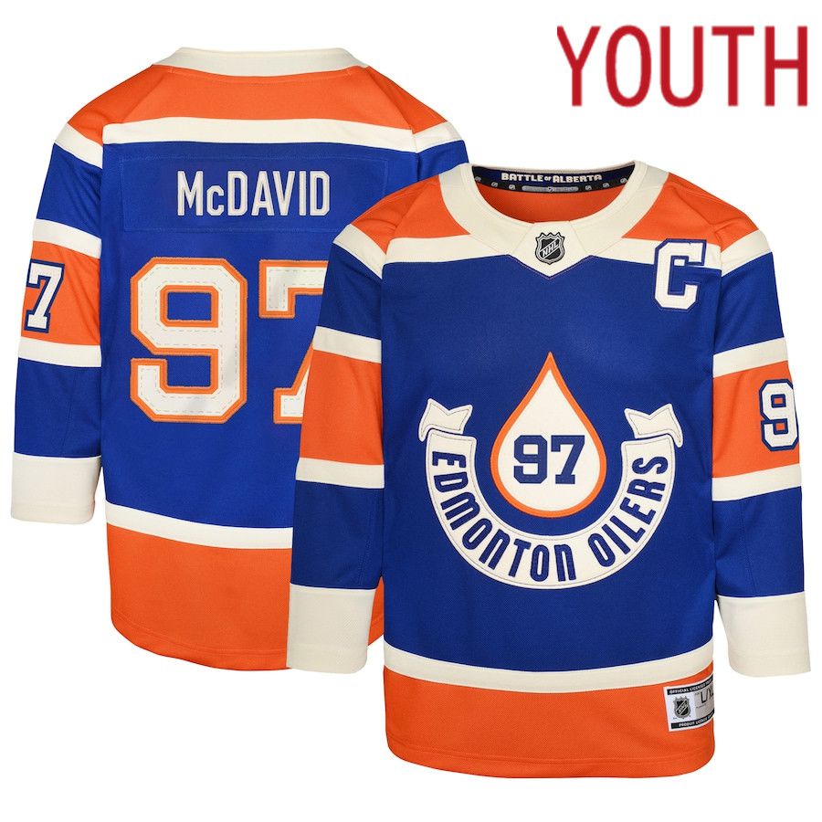 Youth Edmonton Oilers 97 Connor McDavid Royal 2023 NHL Heritage Classic Premier Player Jersey